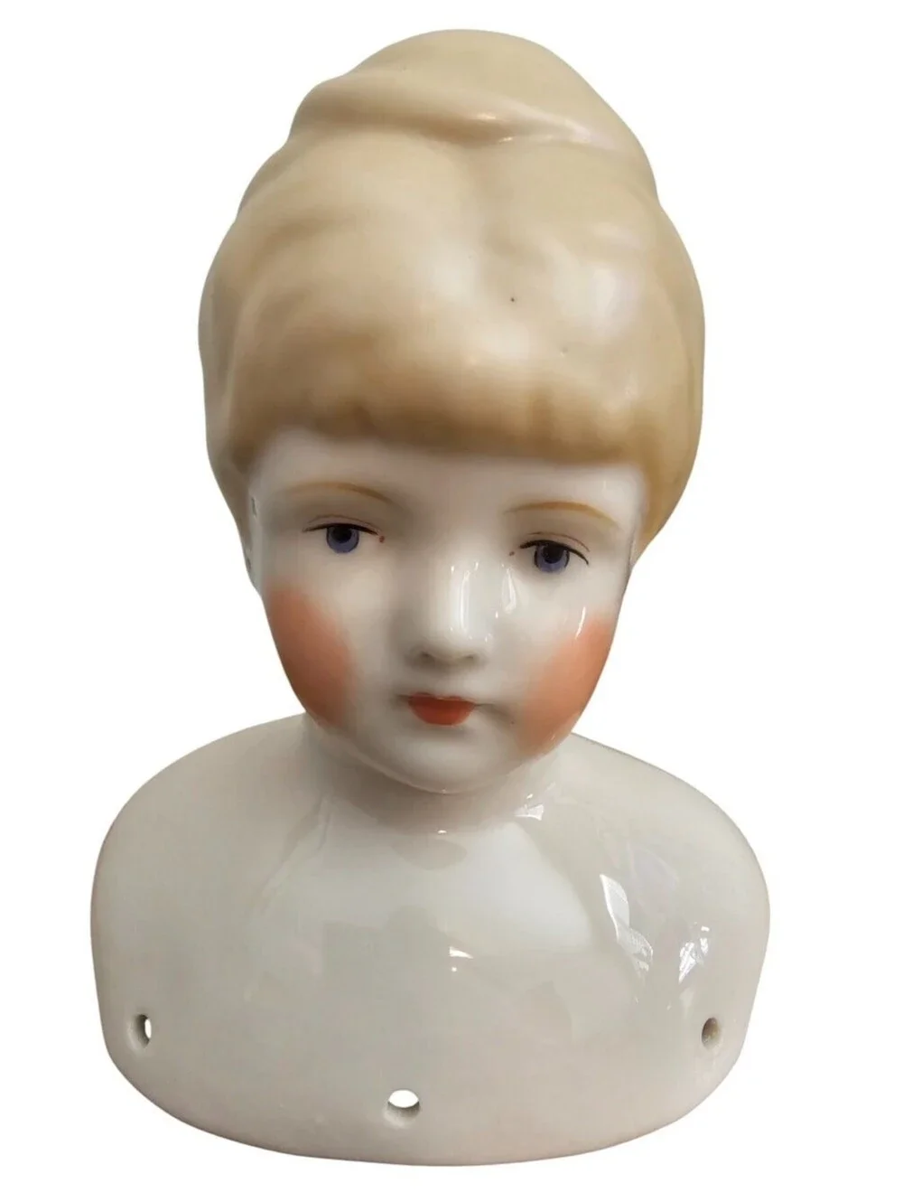 Vintage Hand Painted Porcelain Bisque Doll Bust Head Blonde Bun Victorian